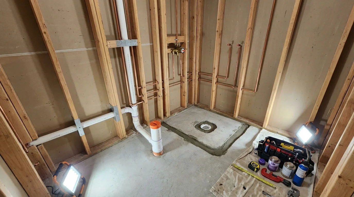 Bathroom rough-in plumbing during remodel by Johns Plumbing LLC in Hartwell