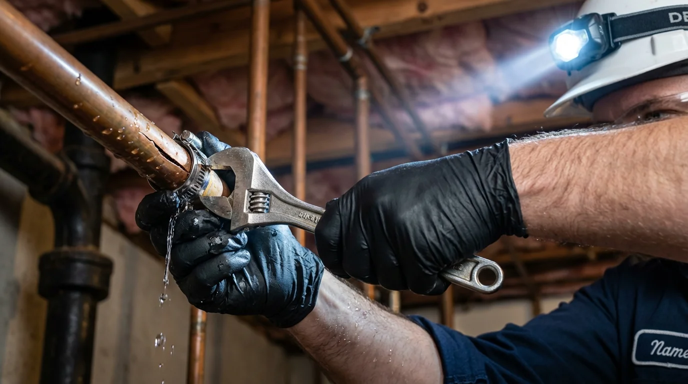 Emergency pipe clamp repair being performed by a Johns Plumbing LLC plumber in Hartwell
