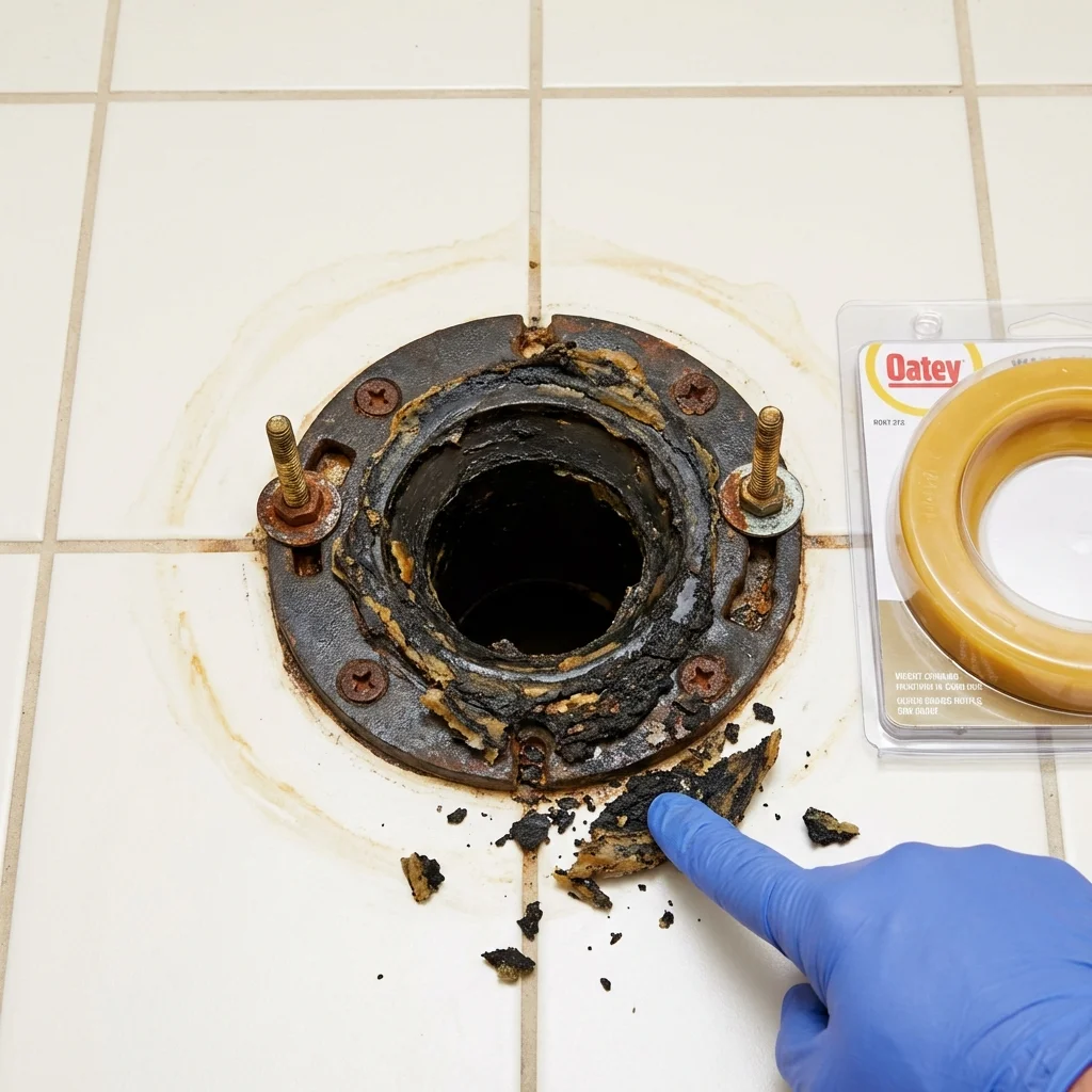 Failed wax ring showing water seepage at the base of a toilet in a Hartwell, GA home