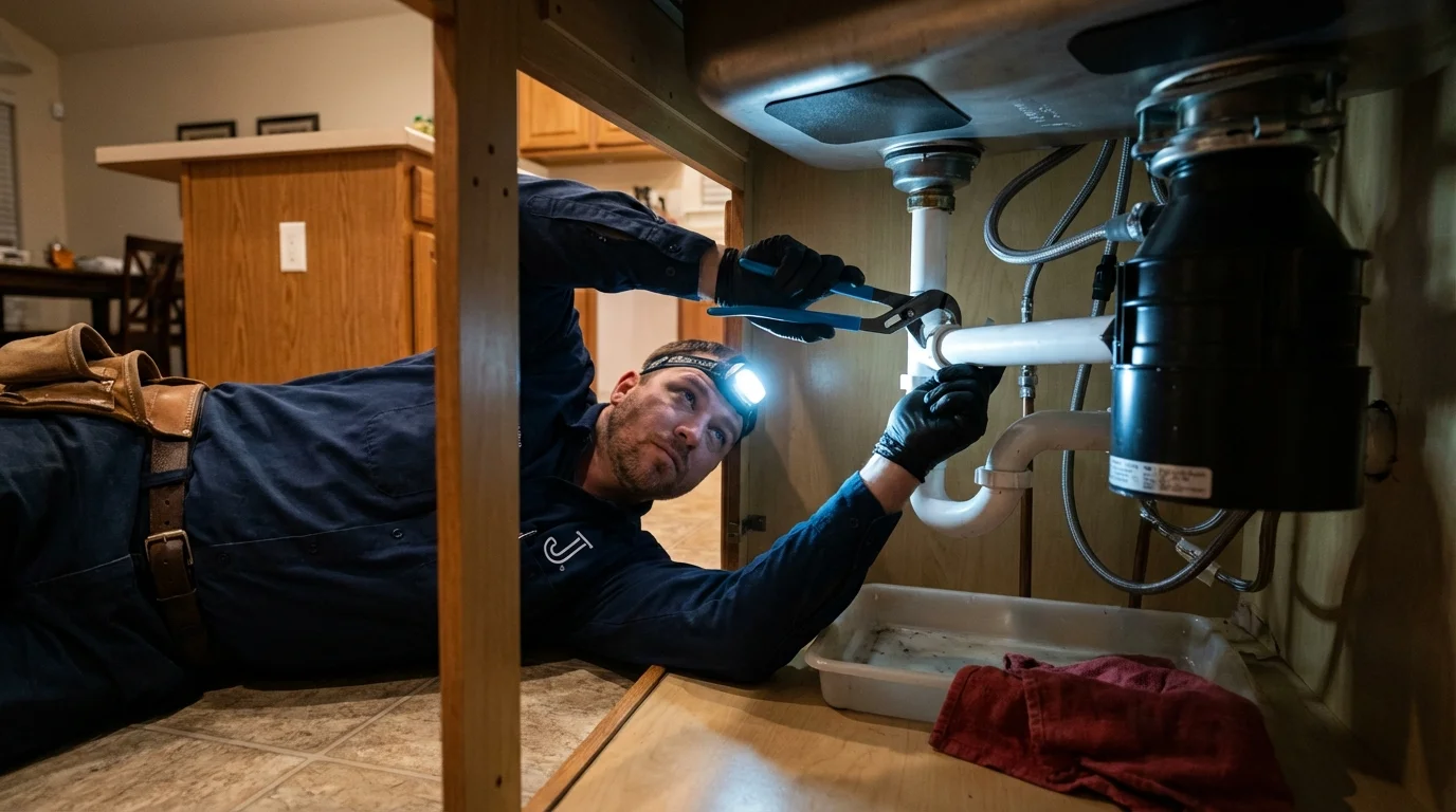 P-trap and supply line connections under a kitchen sink showing a common leak point in Hartwell, GA